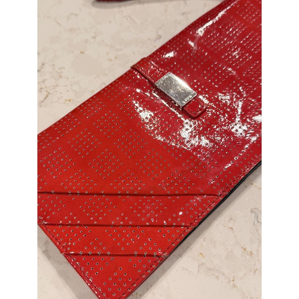 Lodis Red Patent Leather Perforated Wristlet Clutch Bag Silver Hardware Luxury